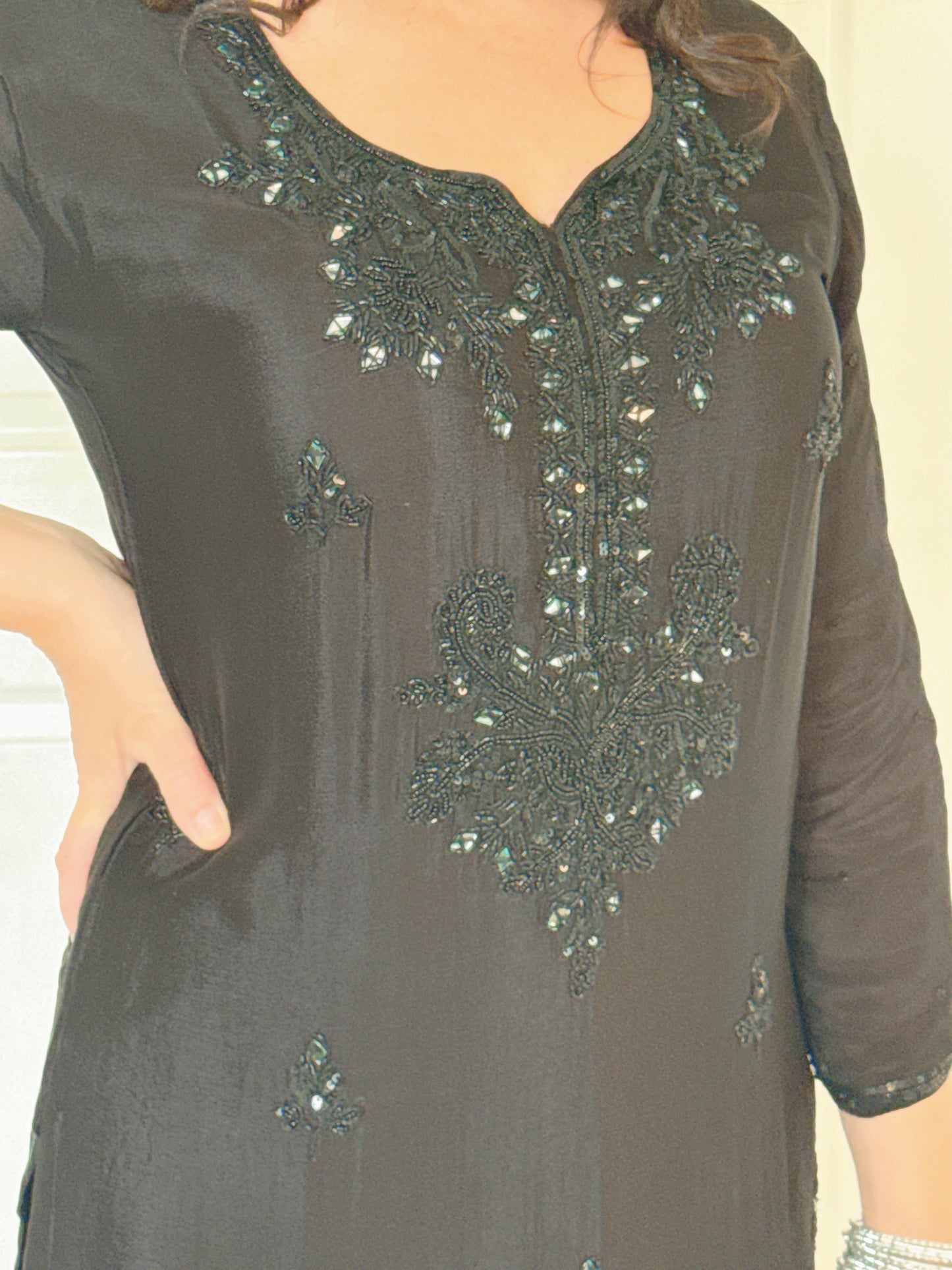 Sheeba  Black  Silk Blend Embroidered Kurta Palazzo Set
