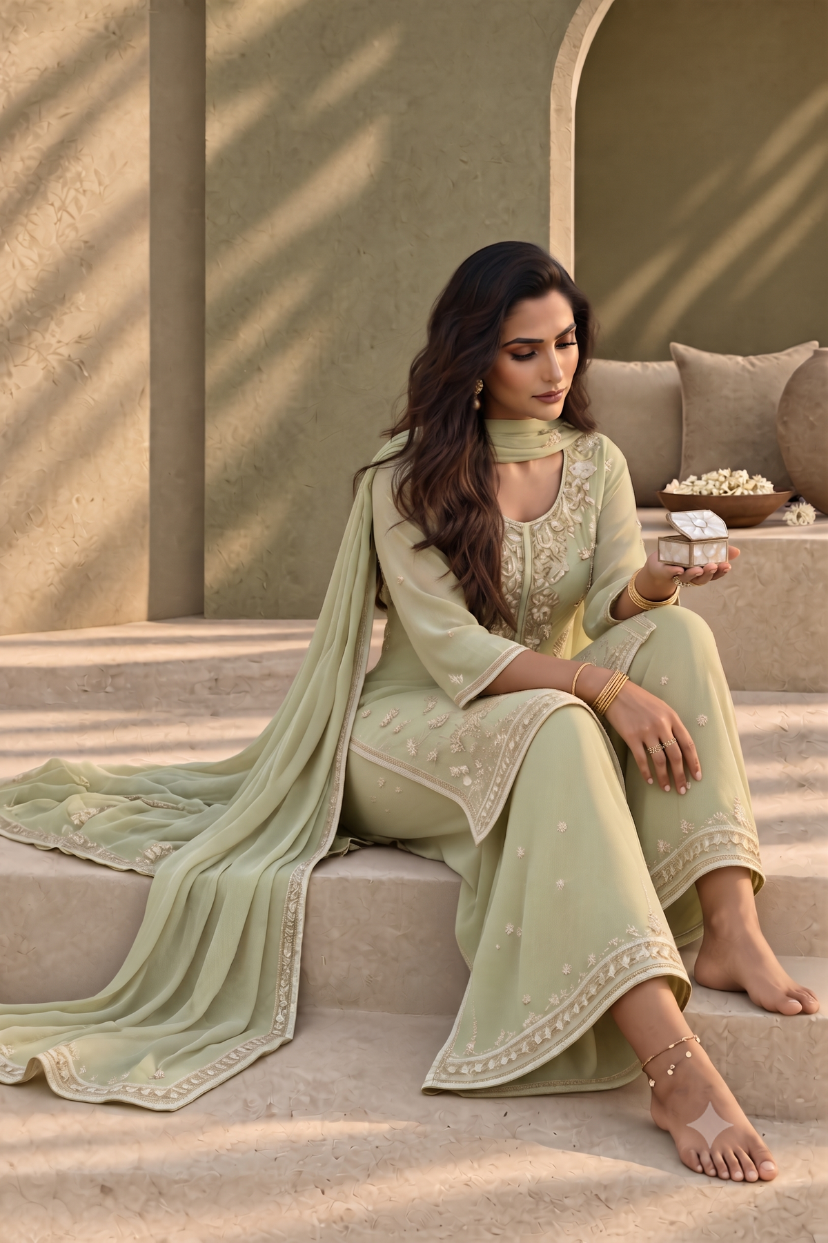 Diya Pistachio Green Silk Blend Hand embellished  Kurta Palazzo Set