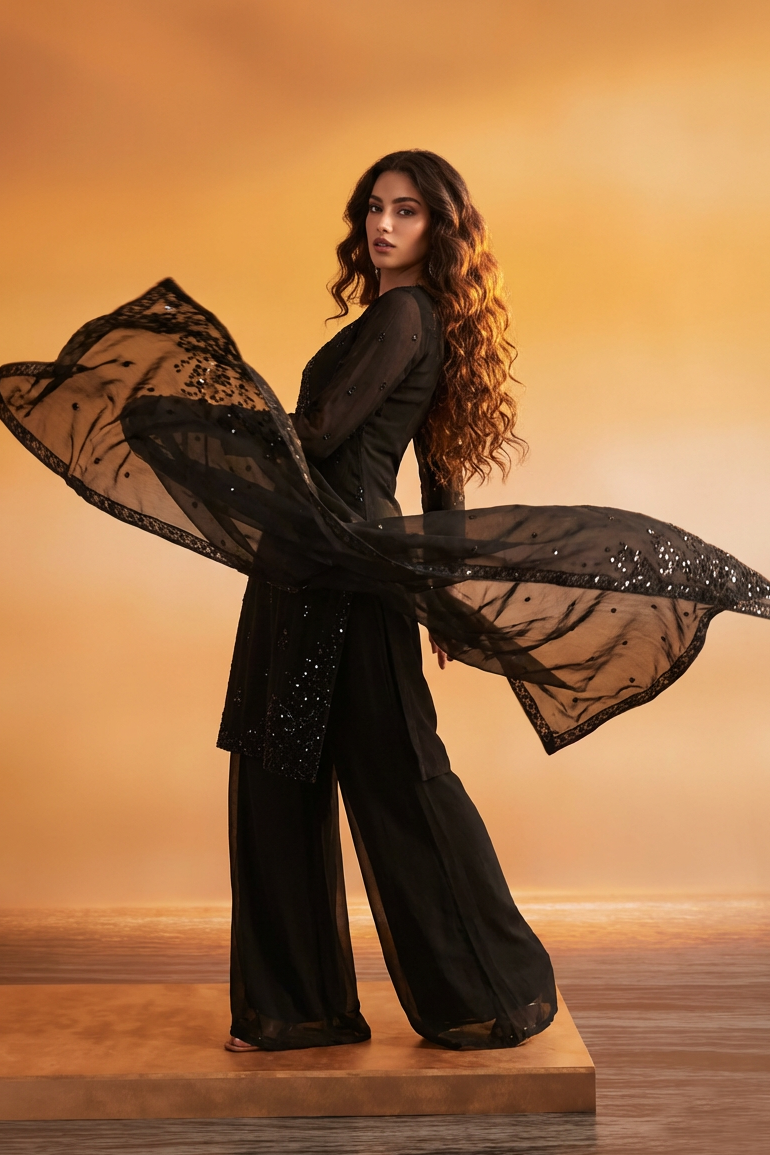 HIBA Black Silk Blend Embroidered Kurta Palazzo Set