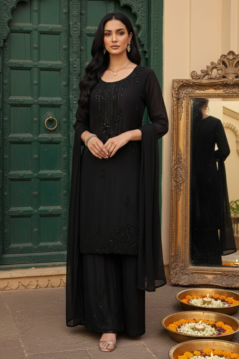 HIBA Black Silk Blend Embroidered Kurta Palazzo Set Closer Picture