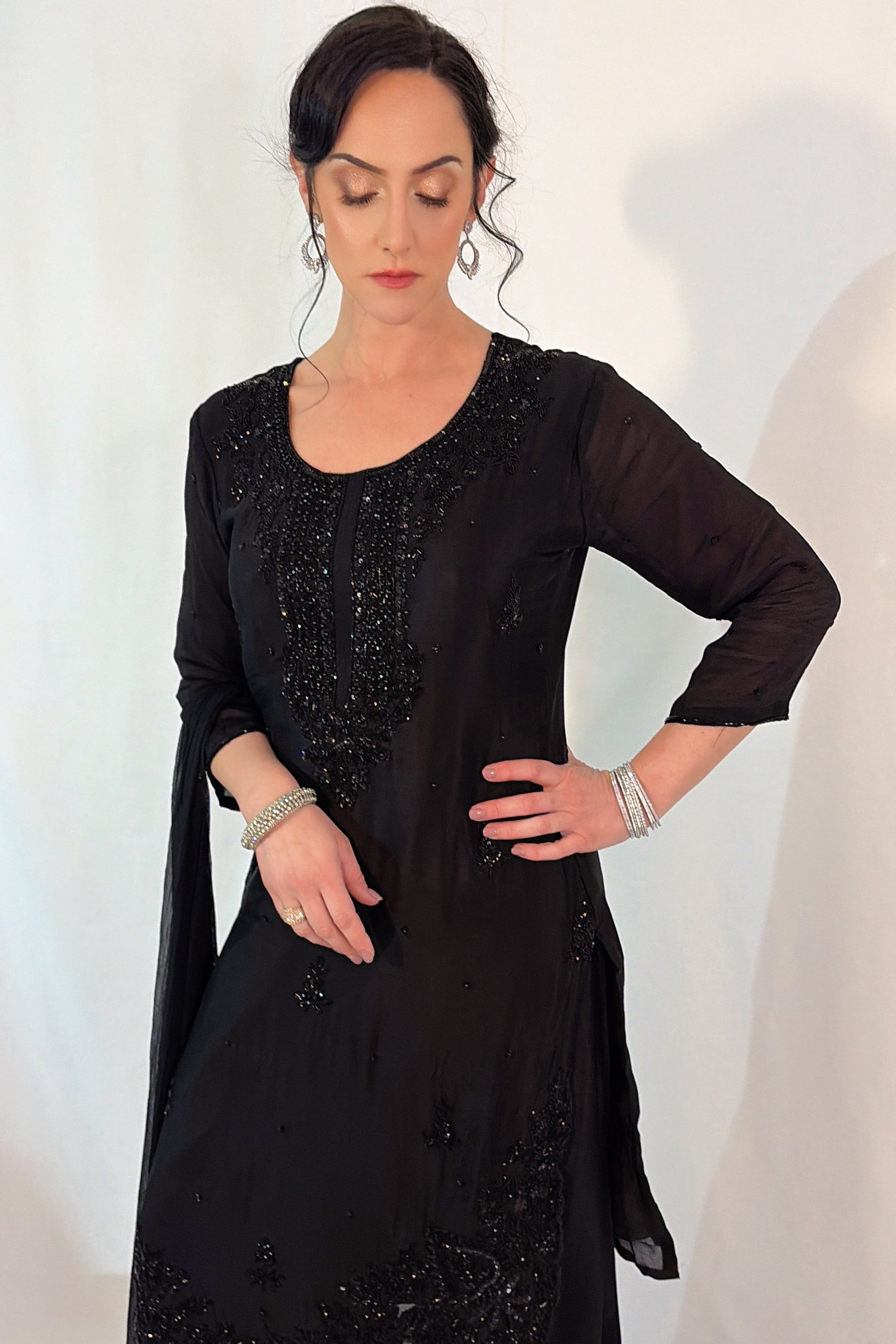 HIBA Black Silk Blend Embroidered Kurta Palazzo Set Detail