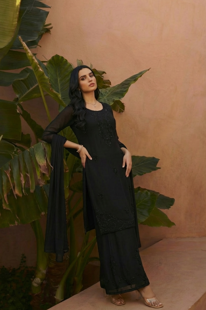HIBA Black Silk Blend Embroidered Kurta Palazzo Set Ethnic Outfit