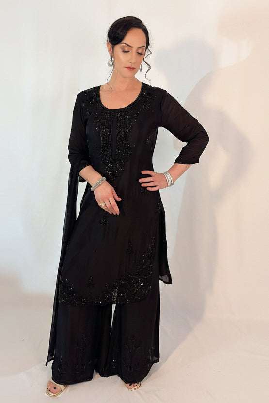 HIBA Black Silk Blend Embroidered Kurta Palazzo Set Front View 