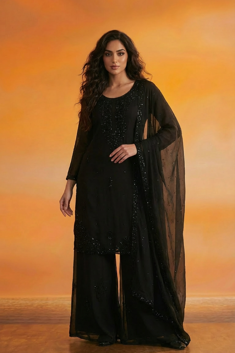 HIBA Black Silk Blend Embroidered Kurta Palazzo Set Main Picture Two