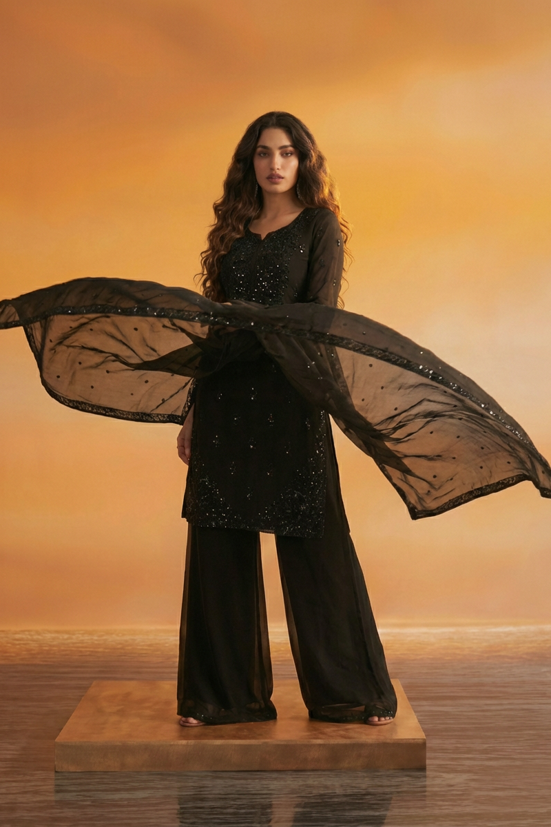 HIBA Black Silk Blend Embroidered Kurta Palazzo Set Outfit Picture 