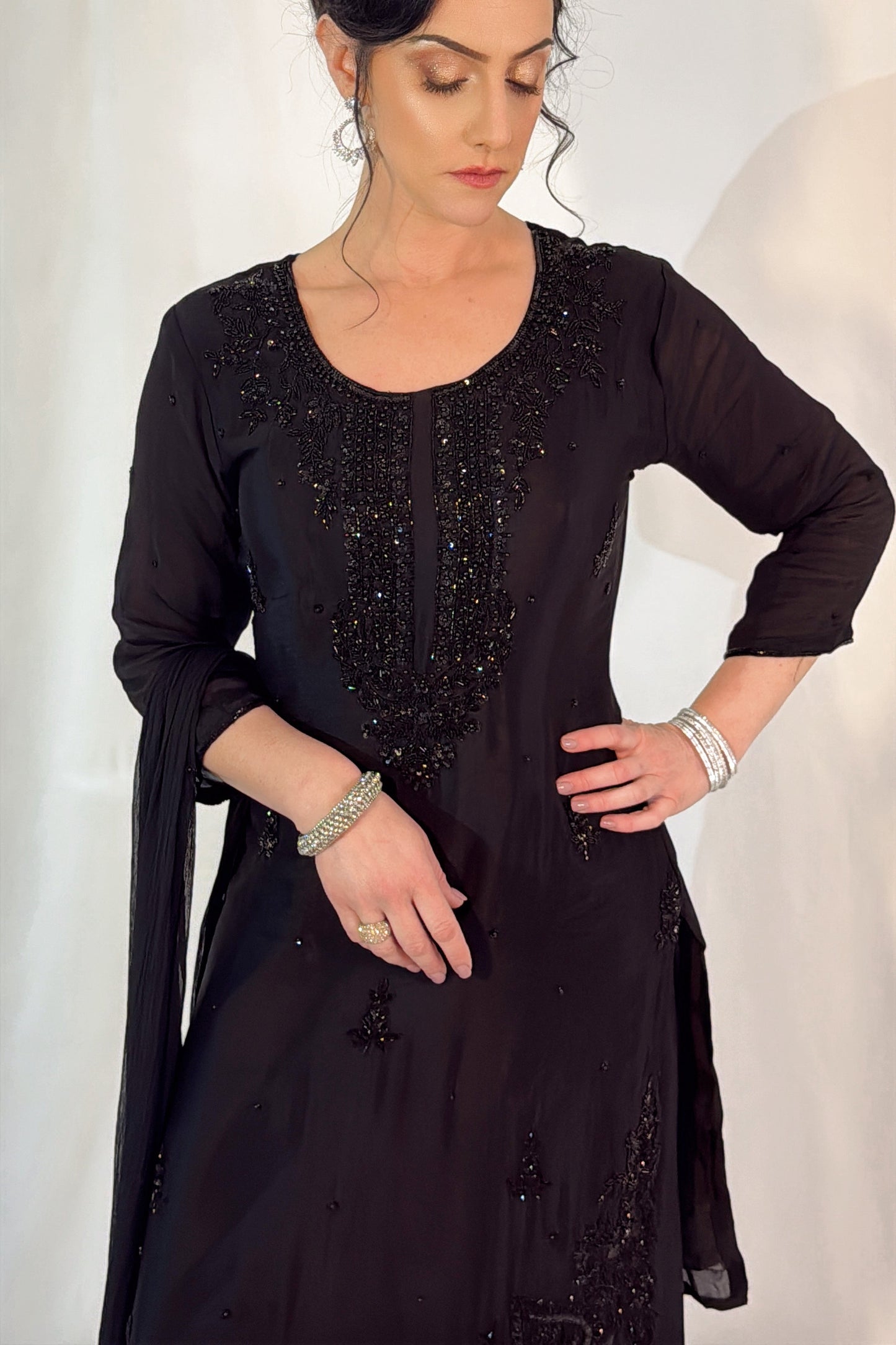 HIBA Black Silk Blend Embroidered Kurta Palazzo Set close up 2