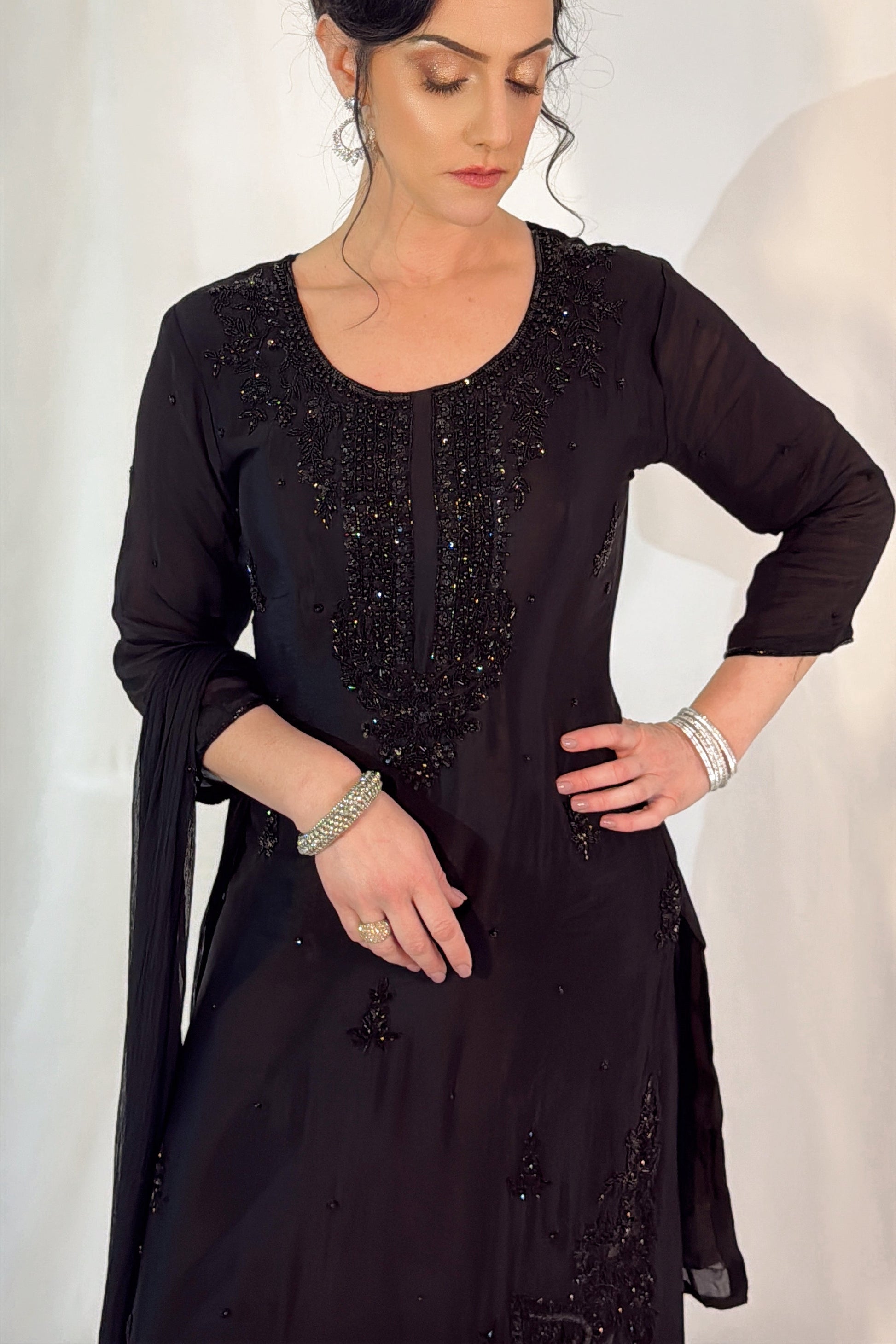 HIBA Black Silk Blend Embroidered Kurta Palazzo Set close up 2