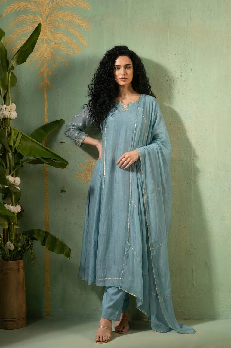 IMAN  Pale Blue Mul Chanderi Embellished  Suit Set front