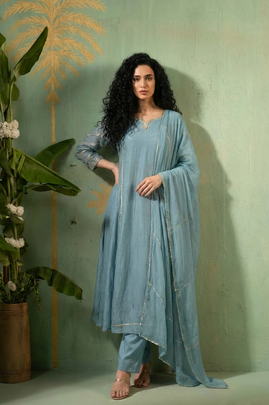 IMAN  Pale Blue Mul Chanderi Embellished  Suit Set front