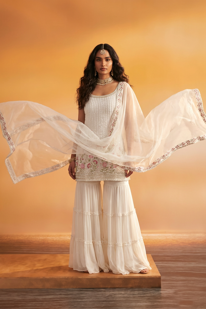 KIARA Ivory Floral Sequins Embroidered Sharara Set