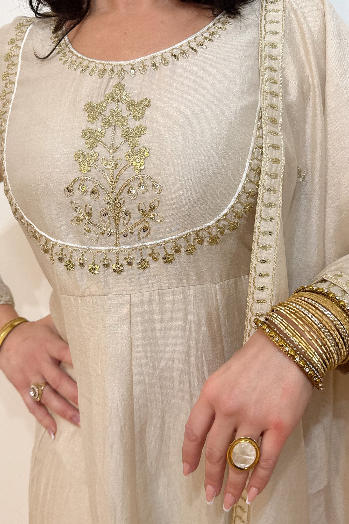 AMIRA Cream  Floral Embroidered Anarkali Suit Set