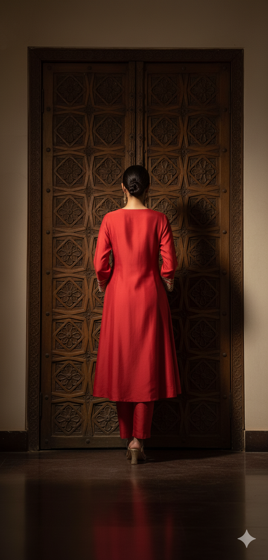 MEHER – Red Embroidered Silk Anarkali Suit Set