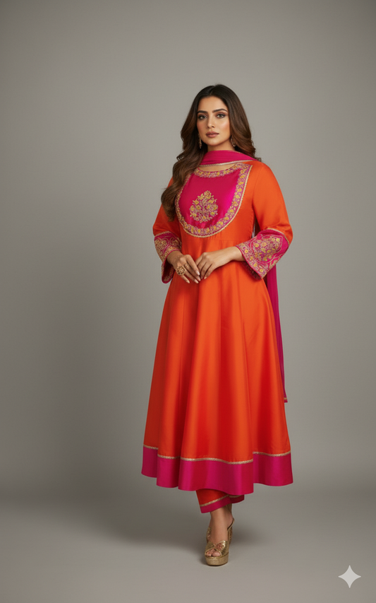 RADIANT AURA – Orange & Pink Embroidered Anarkali Kurta Set