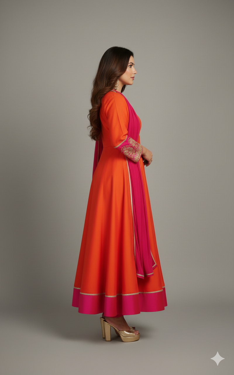 Roshni  – Orange & Pink Embroidered Anarkali Kurta Set
