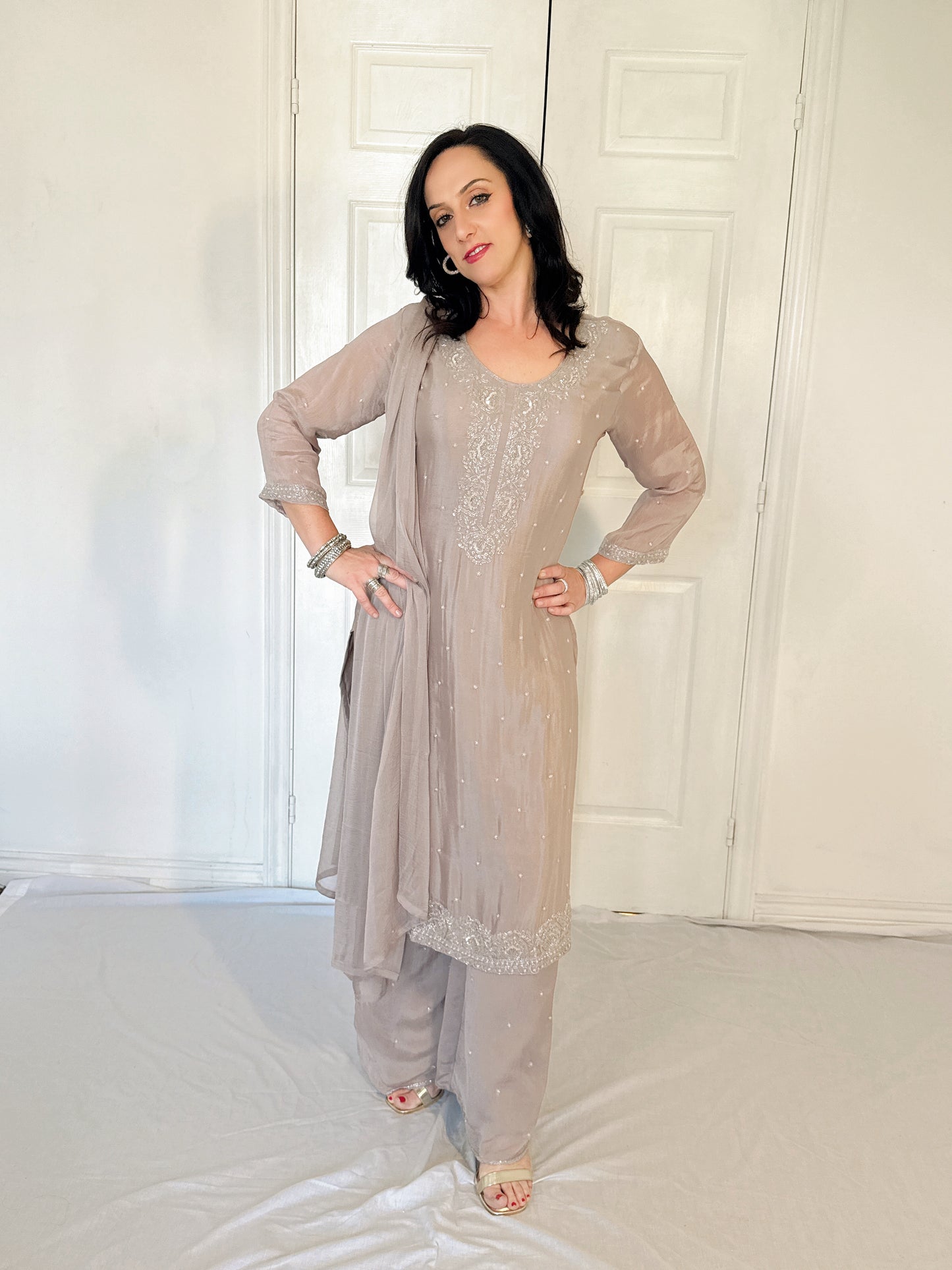 Aurelia Silk Blend Embroidered Kurta Palazzo Set
