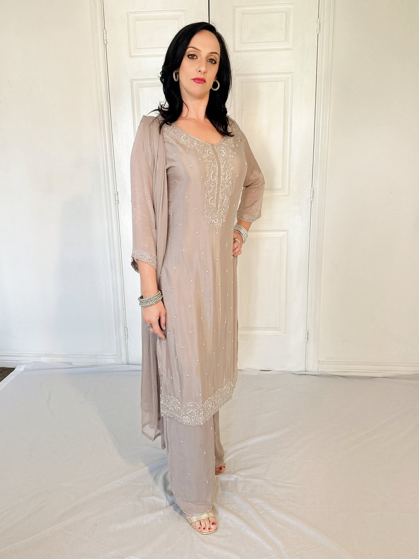 Aurelia Silk Blend Embroidered Kurta Palazzo Set