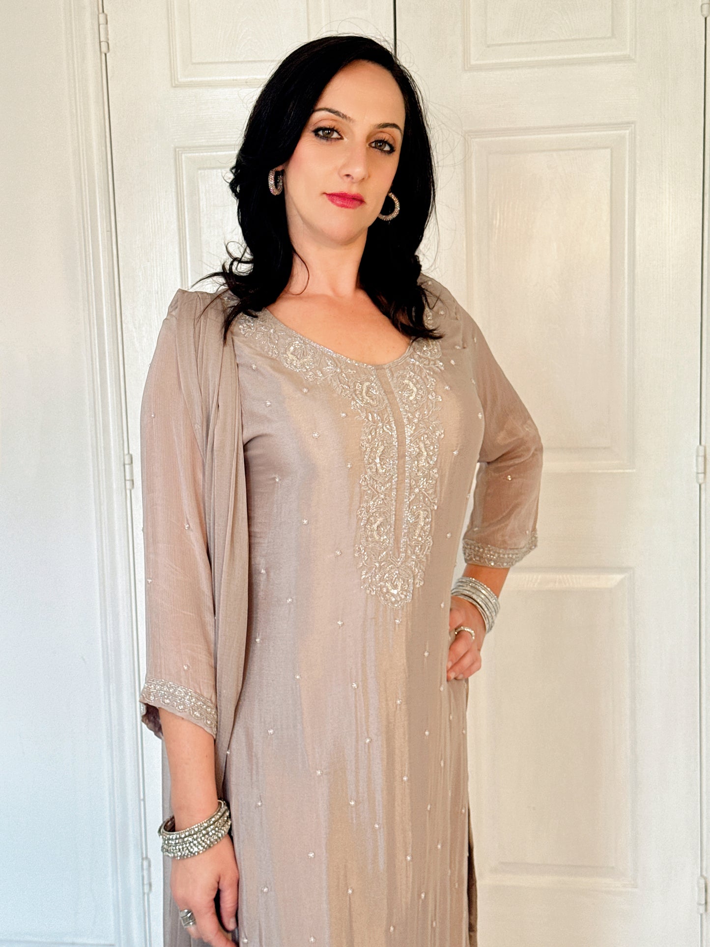 Aurelia Silk Blend Embroidered Kurta Palazzo Set
