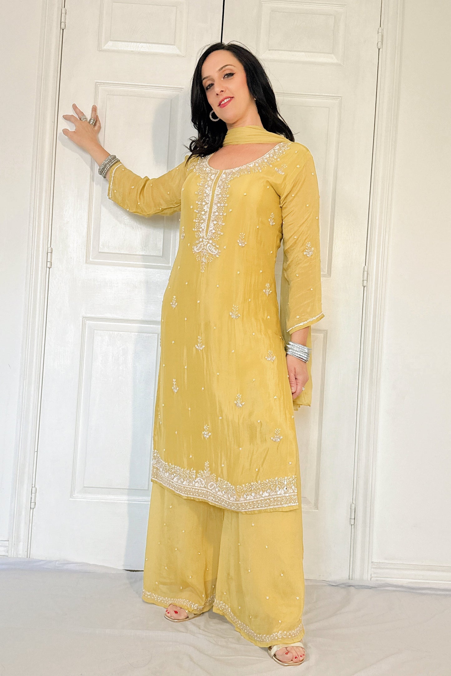 Lia Yellow Silk Blend Embroidered Kurta Palazzo Set
