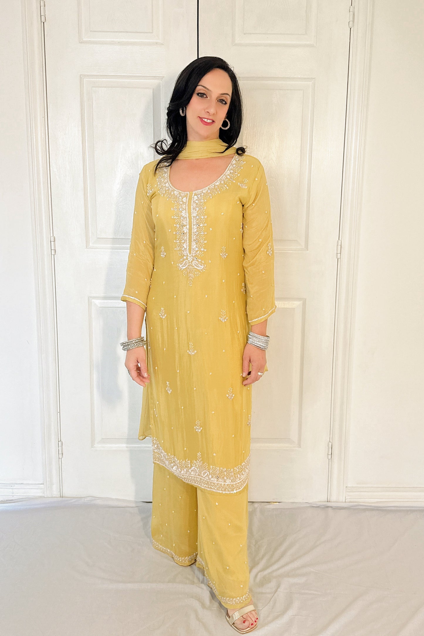 Lia Yellow Silk Blend Embroidered Kurta Palazzo Set