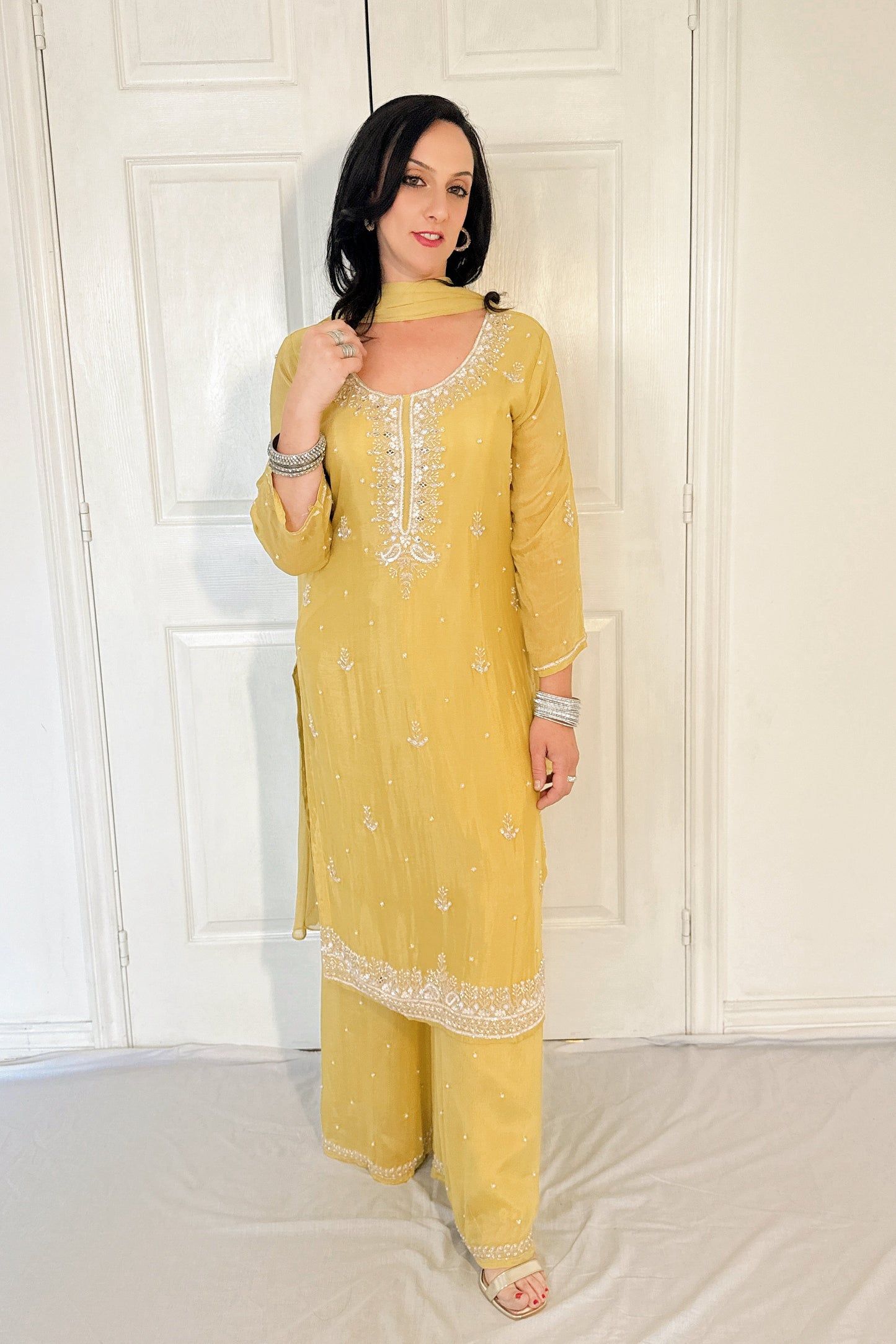 Lia Yellow Silk Blend Embroidered Kurta Palazzo Set