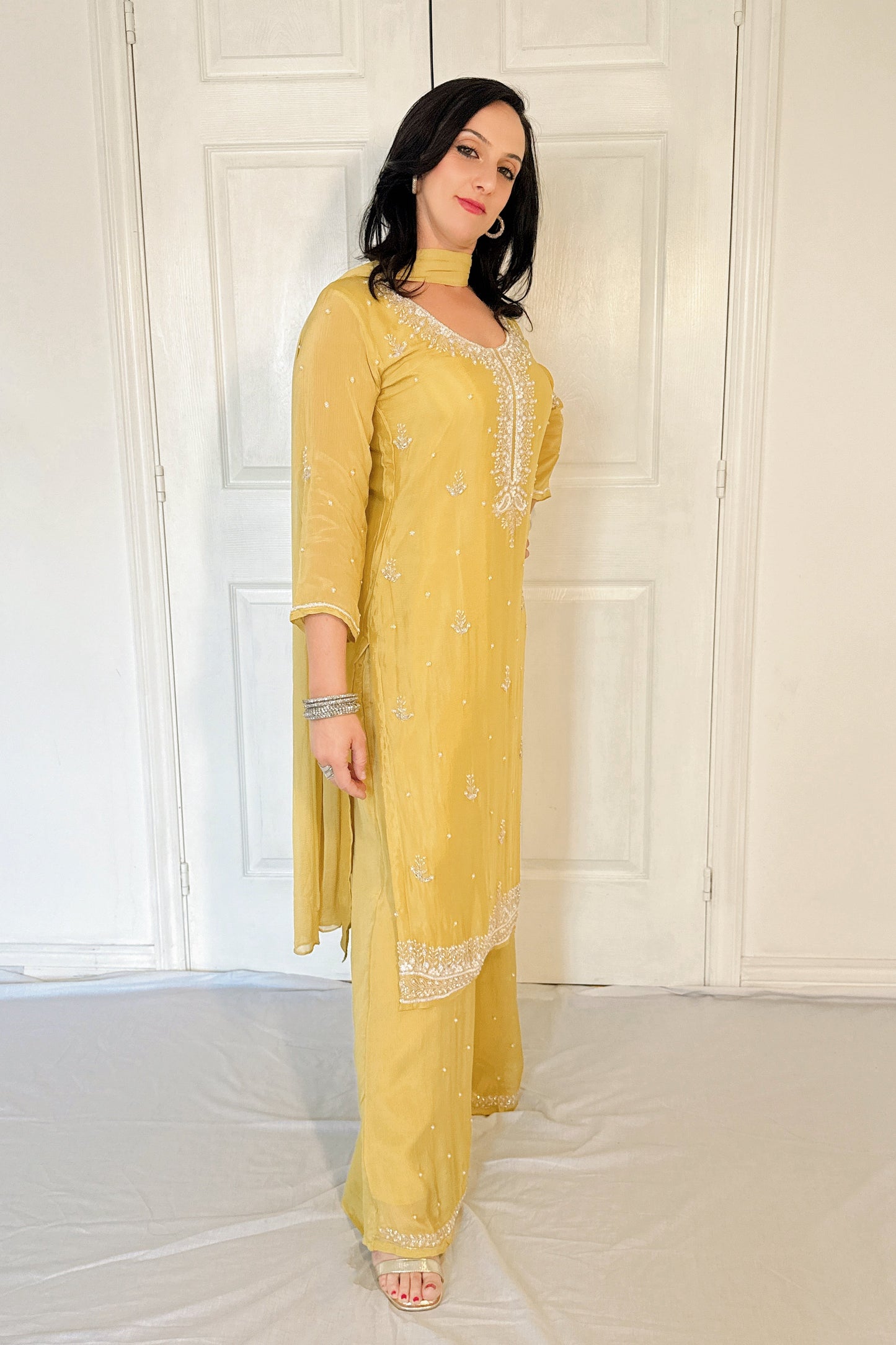 Lia Yellow Silk Blend Embroidered Kurta Palazzo Set