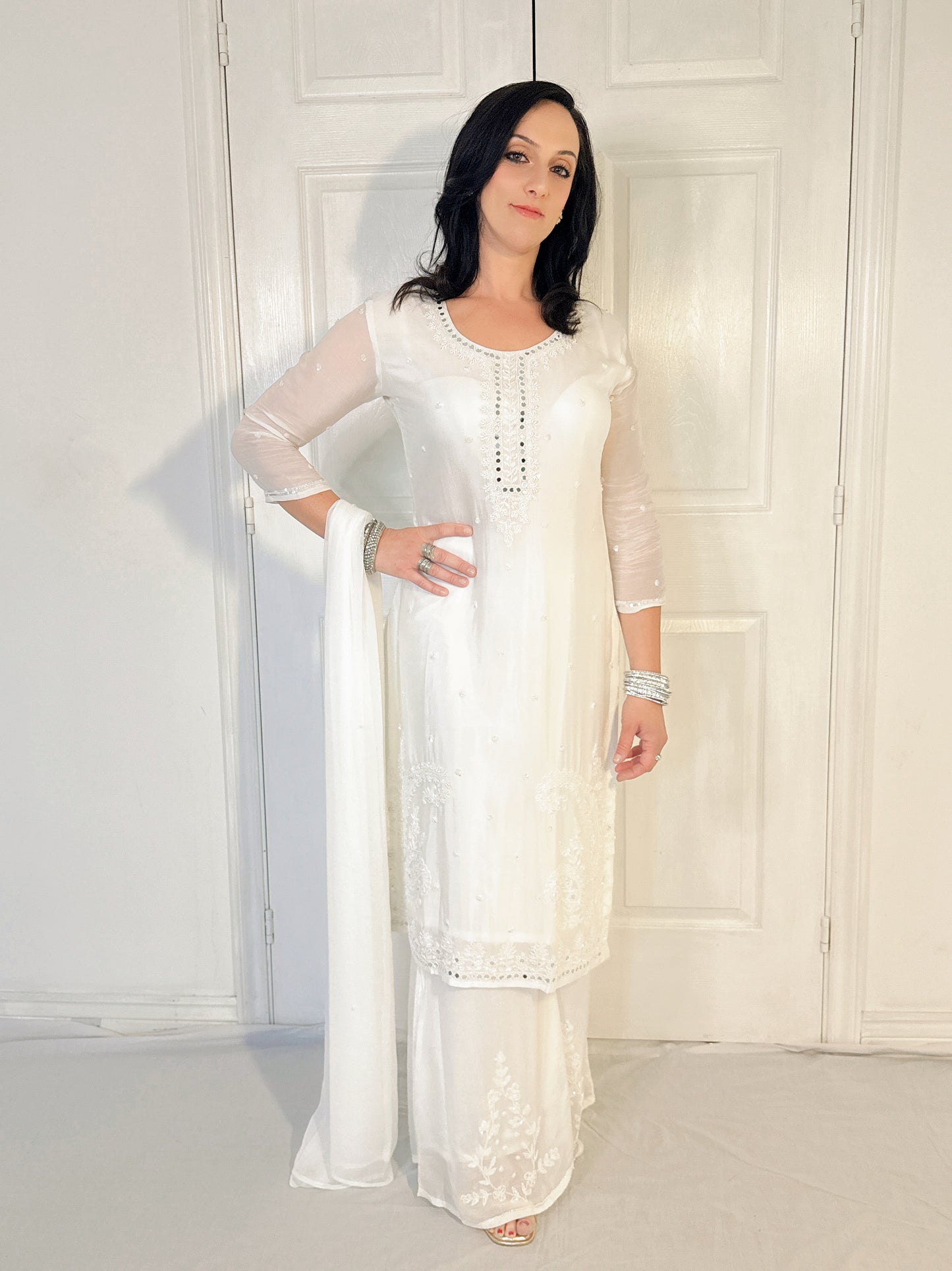 Tara White Silk Blend Embroidered Kurta Palazzo Set