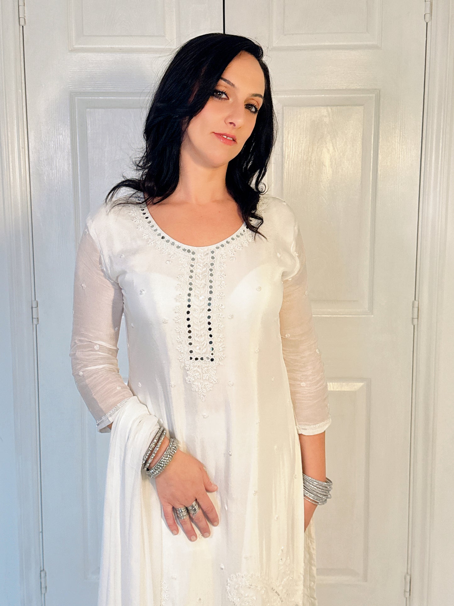 Tara White Silk Blend Embroidered Kurta Palazzo Set