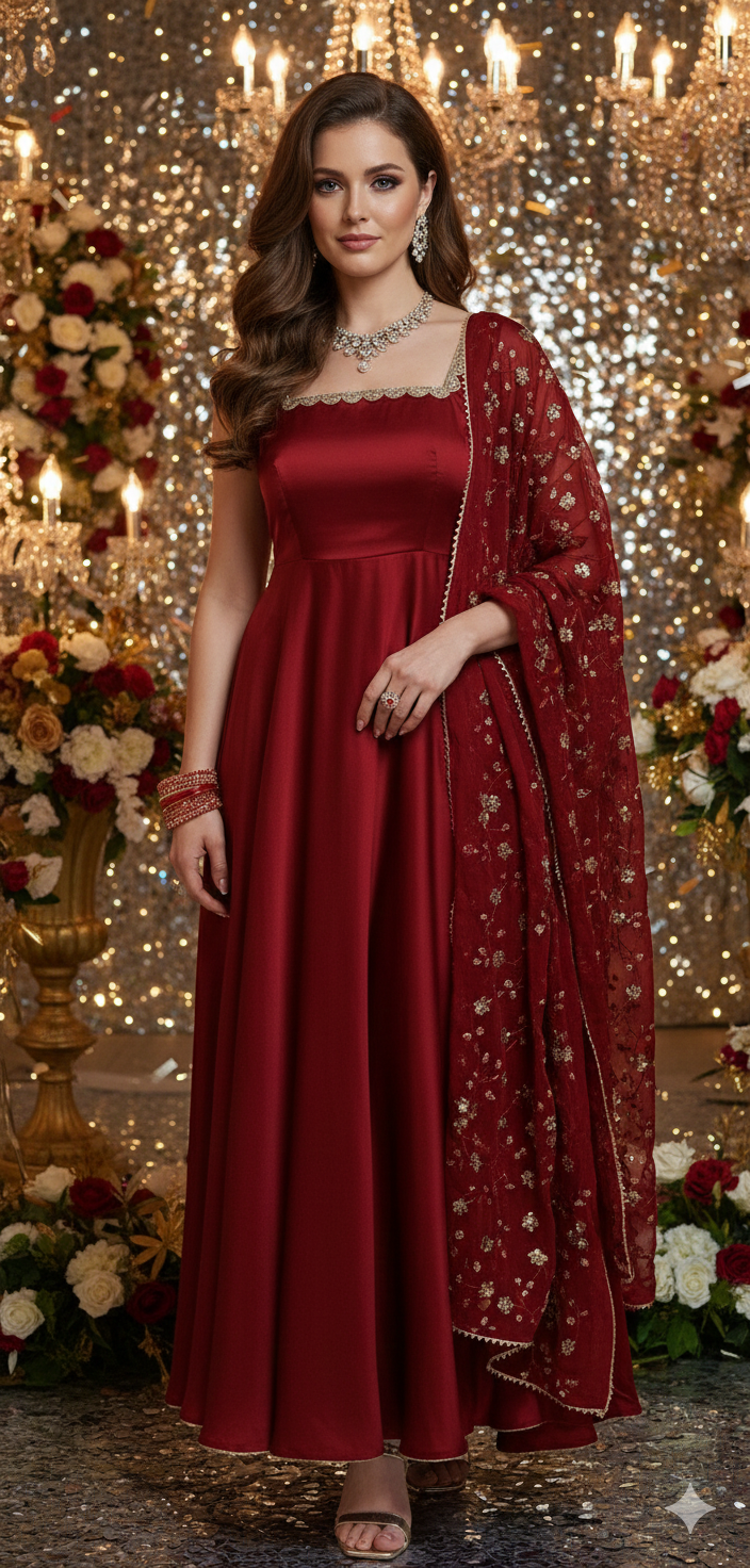 Reshma Red Satin Sleeveless Anarkali Suit Set