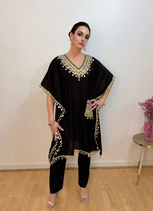 AVIRA –  Black Ethnic Motifs Embroidered Kaftan Kurta & Trousers Set