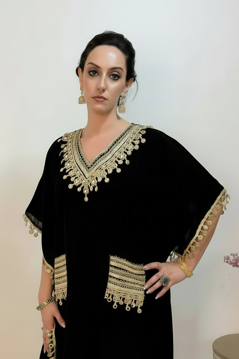 AVIRA Black Ethnic Motifs Embroidered Kaftan Kurta Trousers Set