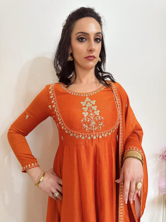AMIRA – Rust Floral Embroidered Anarkali Suit Set
