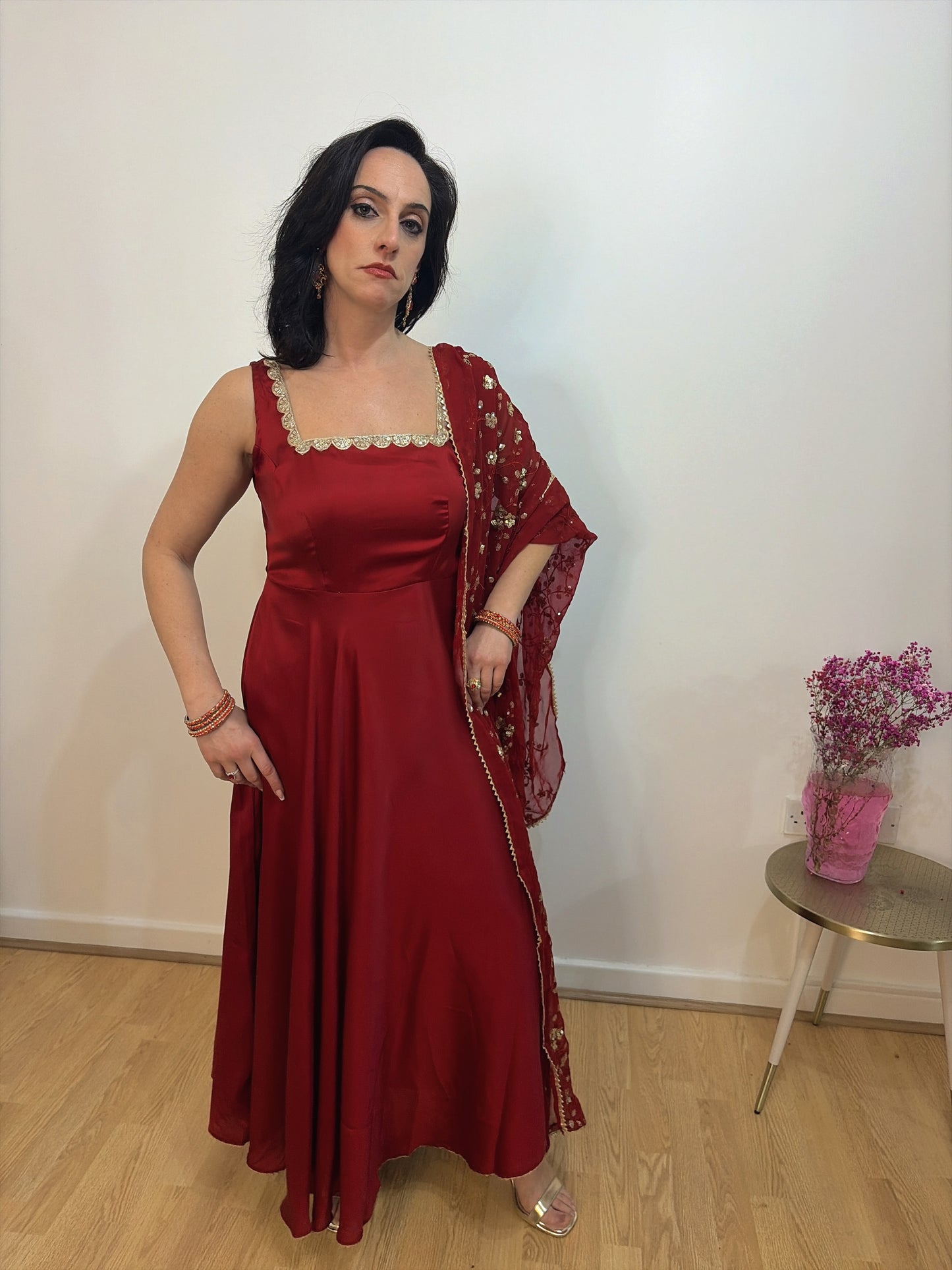 Reshma Red Satin Sleeveless Anarkali Suit Set