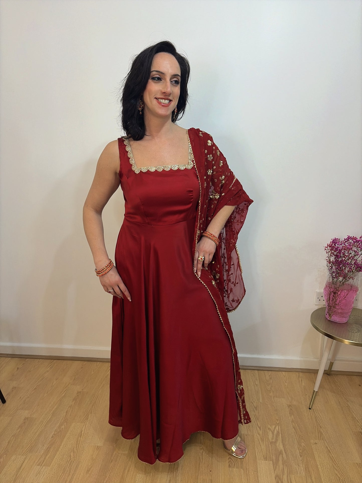 Reshma Red Satin Sleeveless Anarkali Suit Set