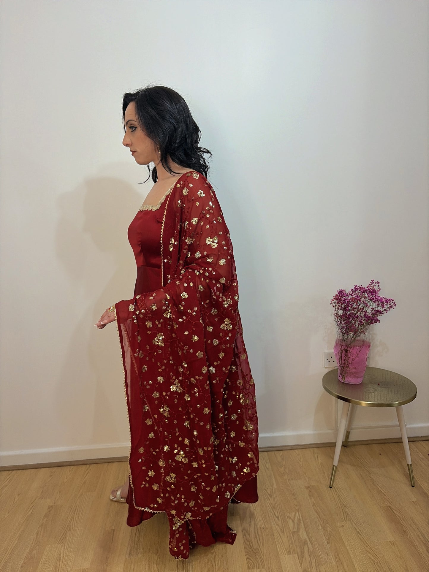 Reshma Red Satin Sleeveless Anarkali Suit Set