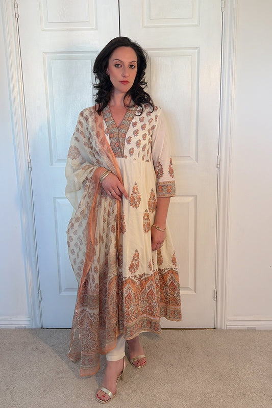 Saanvi Peach Black Printed Cotton Anarkali Suit Set
