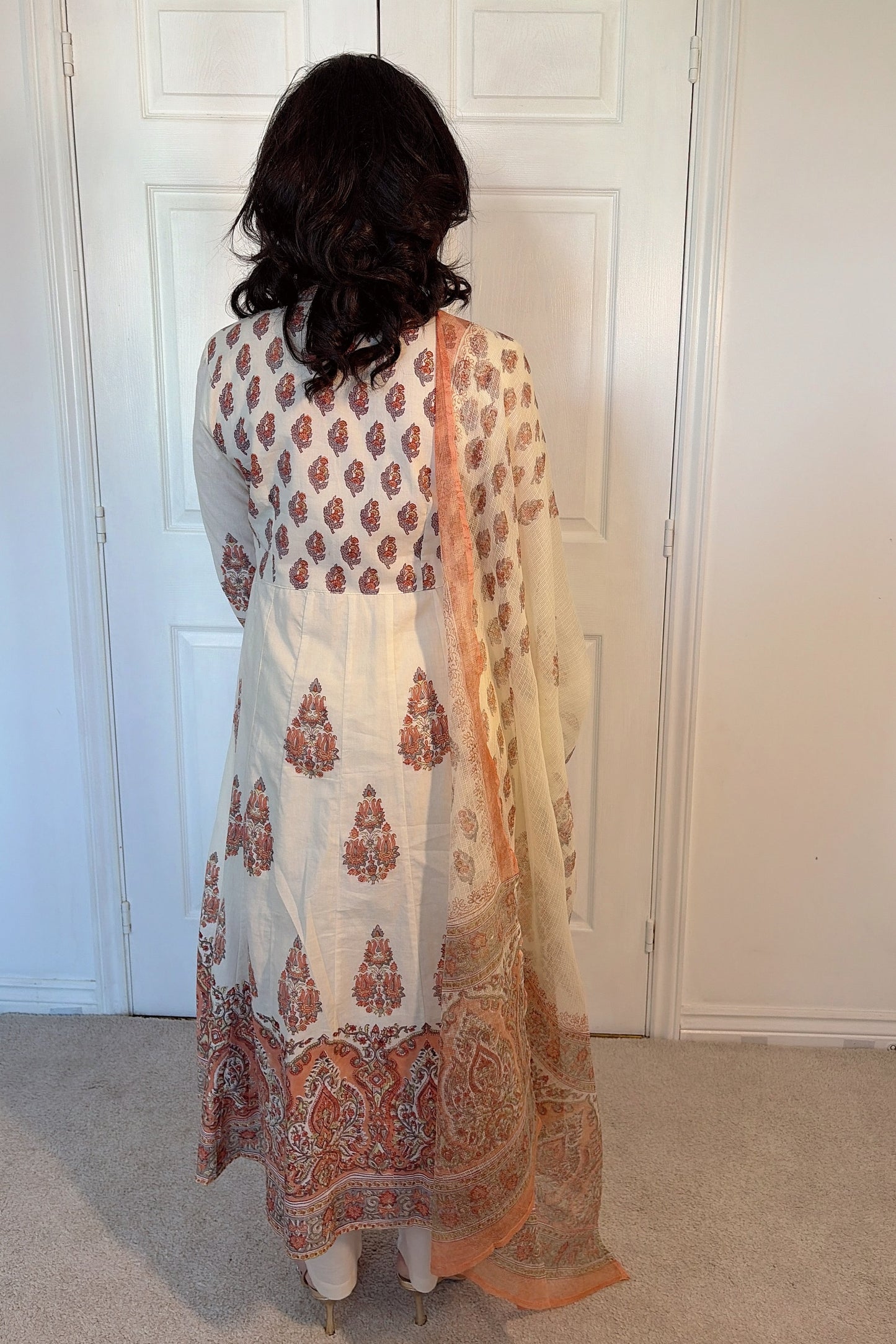 Saanvi Peach Black Printed Cotton Anarkali Suit Set