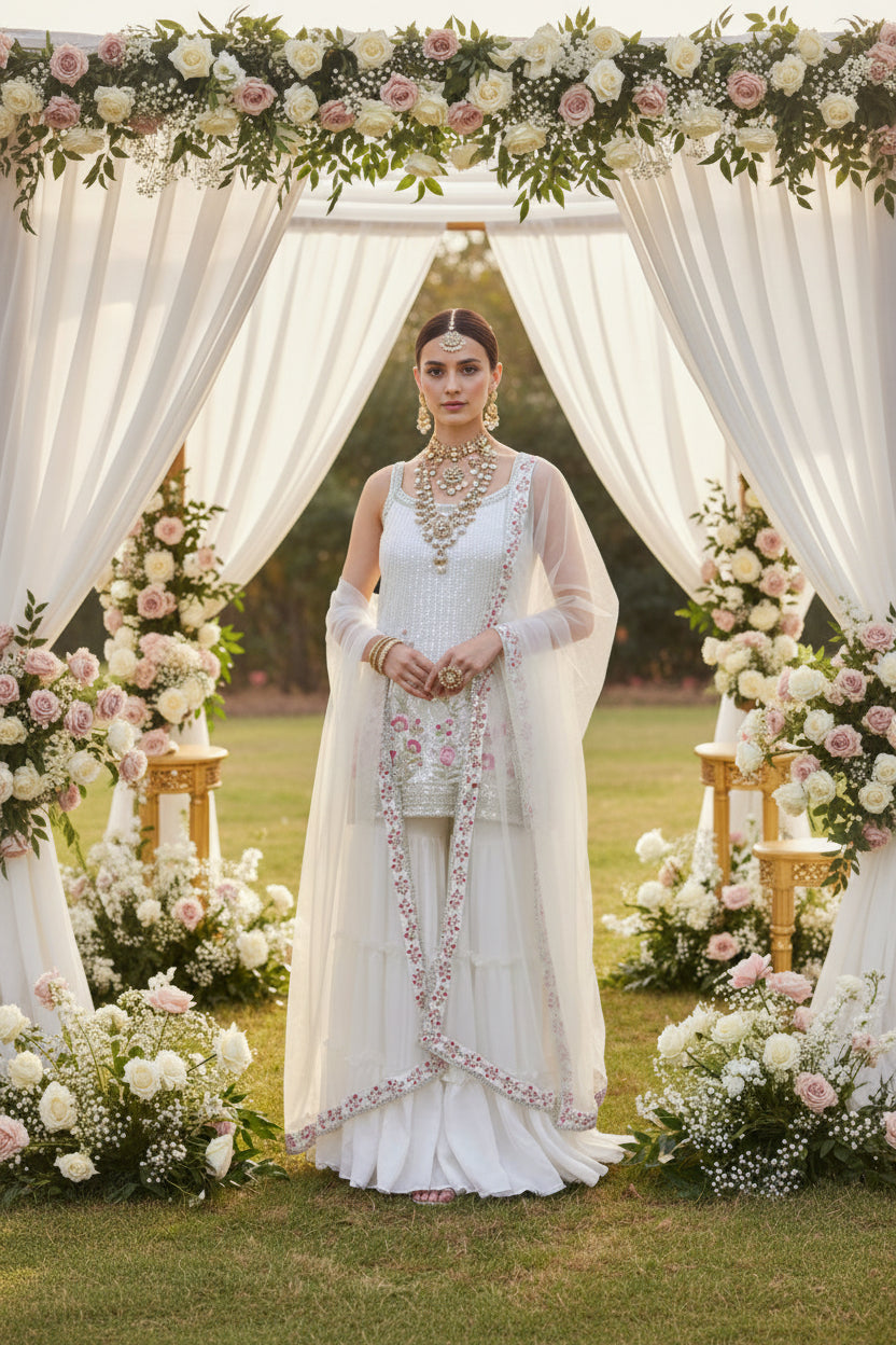 KIARA Ivory Floral Sequins Embroidered Sharara Set AI front 1