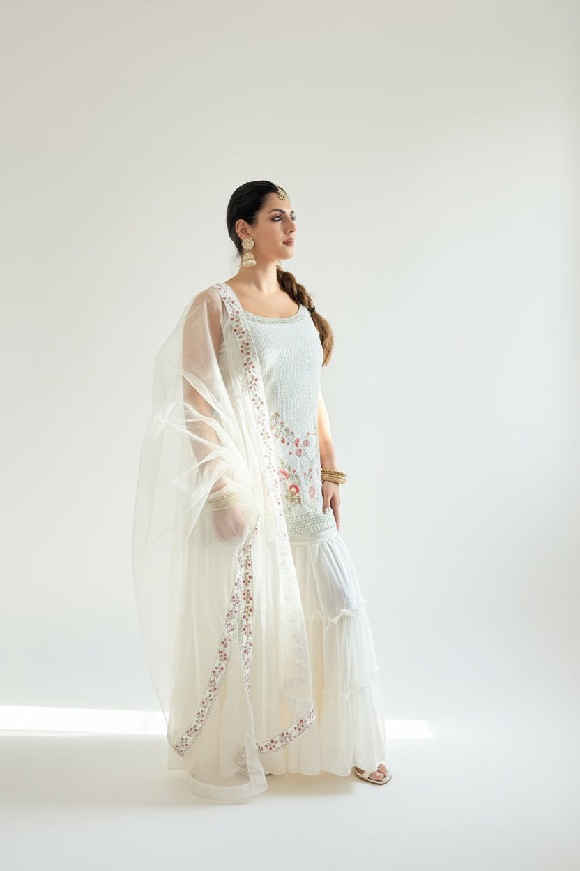 KIARA Ivory Floral Sequins Embroidered Sharara Set SIDE VIEW 