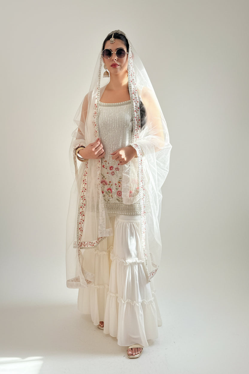 KIARA Ivory Floral Sequins Embroidered Sharara Set front 1