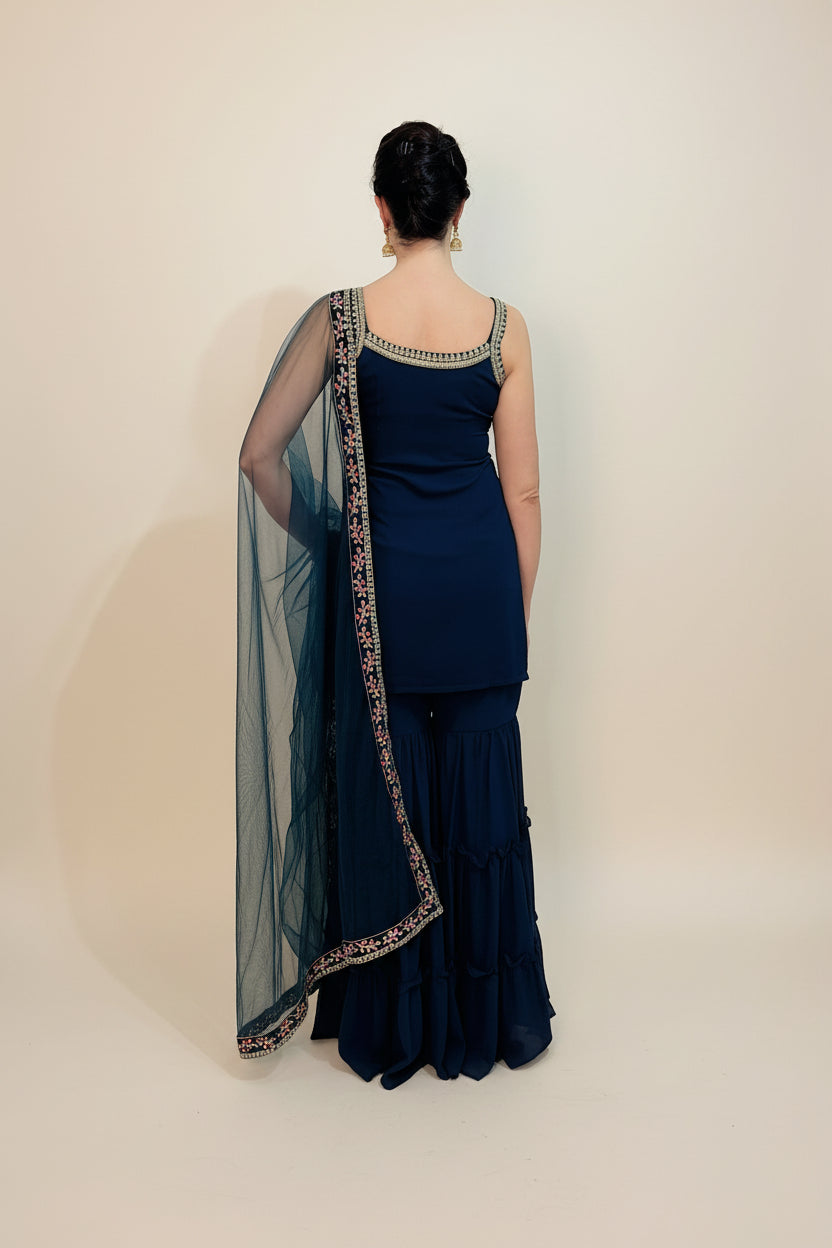 KIARA  Luxury Navy Floral Embroidered Sharara Set Back