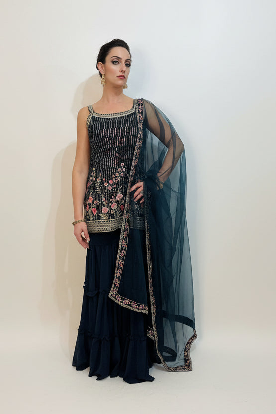 KIARA  Luxury Navy Floral Embroidered Sharara Set Front