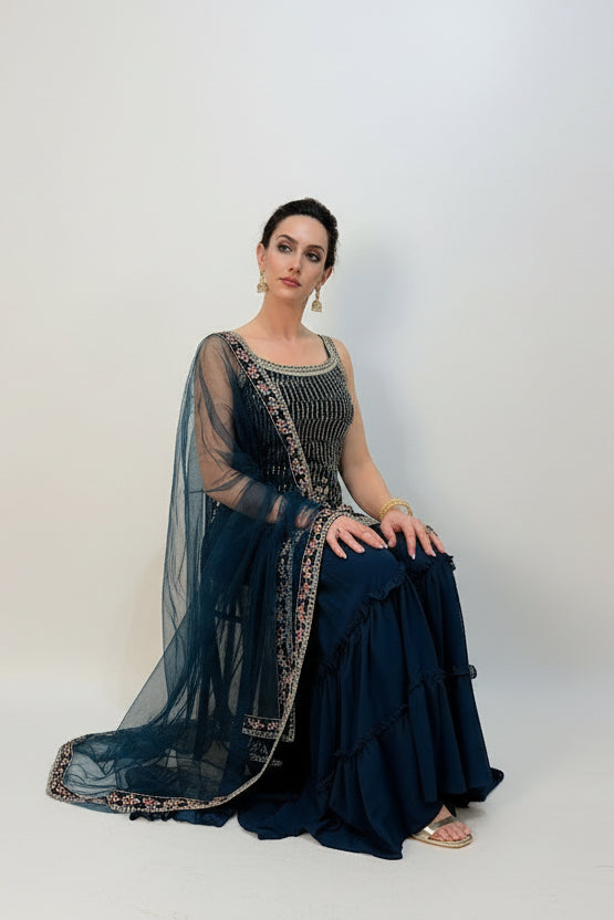 KIARA  Luxury Navy Floral Embroidered Sharara Set Front Sitting