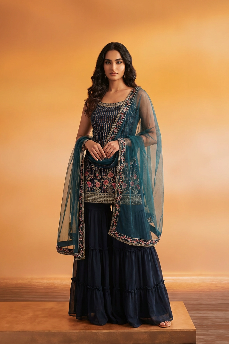 KIARA_NAVY_0KIARA  Luxury Navy Floral Embroidered Sharara Set FRONT AI