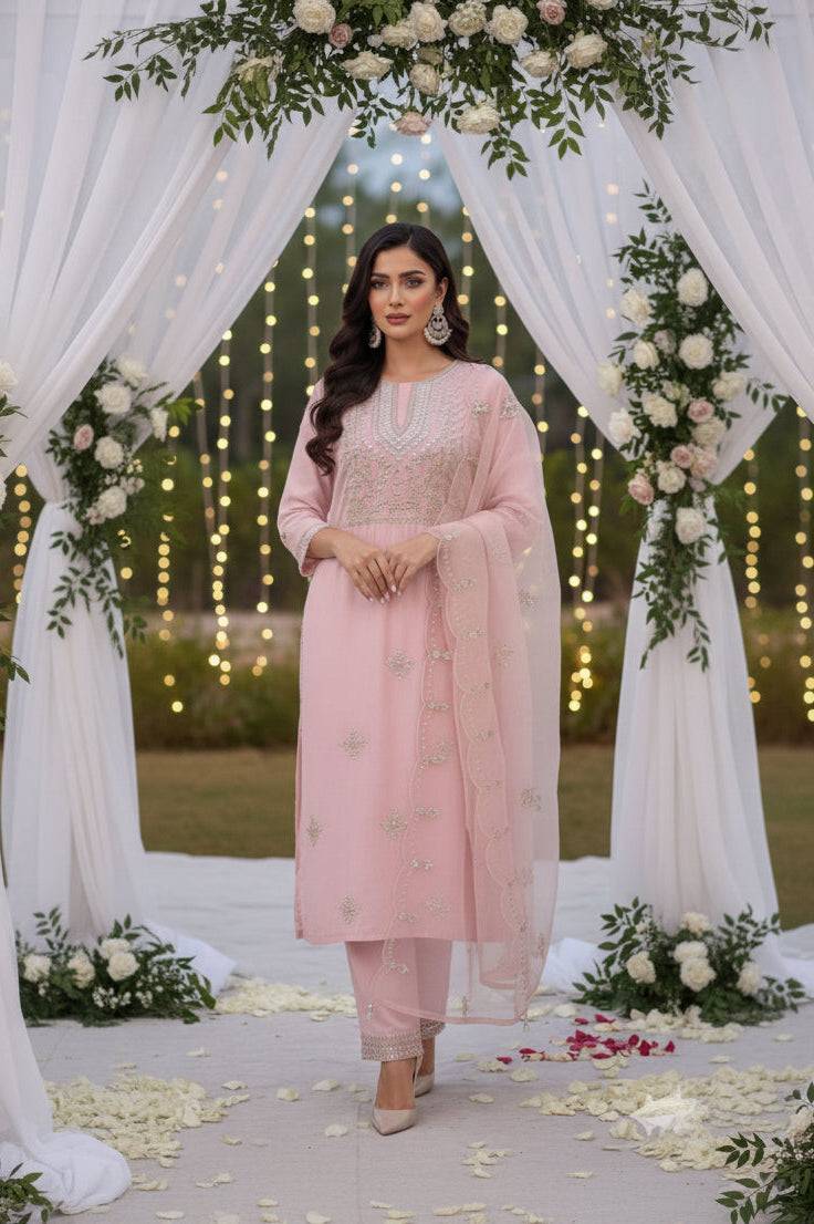 MYRAA  Light Pink Silk Blend Embroidered  Kurta Set