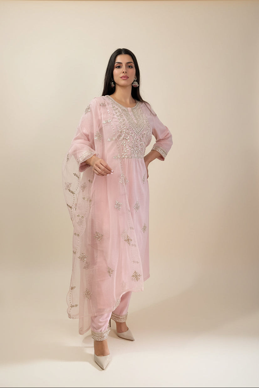 MYRAA  Light Pink Silk Blend Embroidered  Kurta Set Front