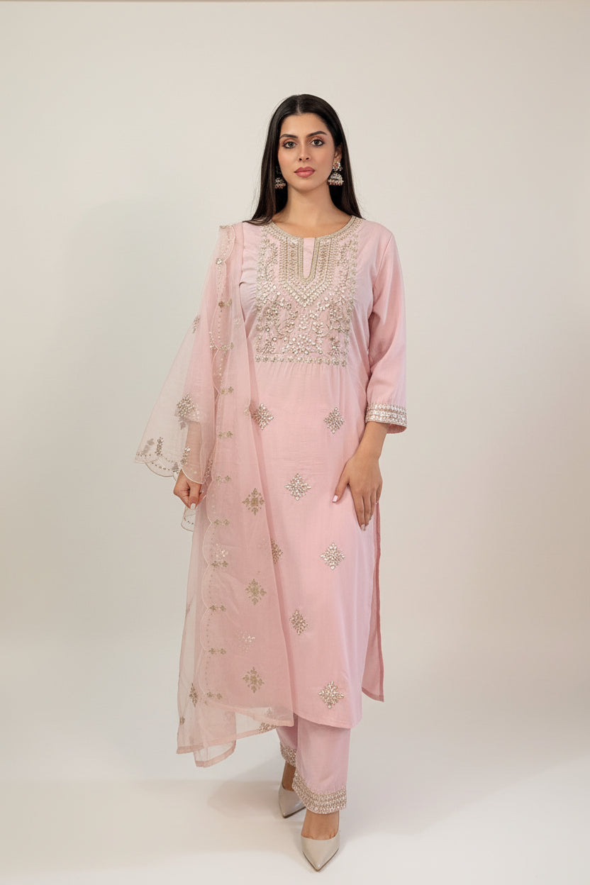 MYRAA  Light Pink Silk Blend Embroidered  Kurta Set Front 1