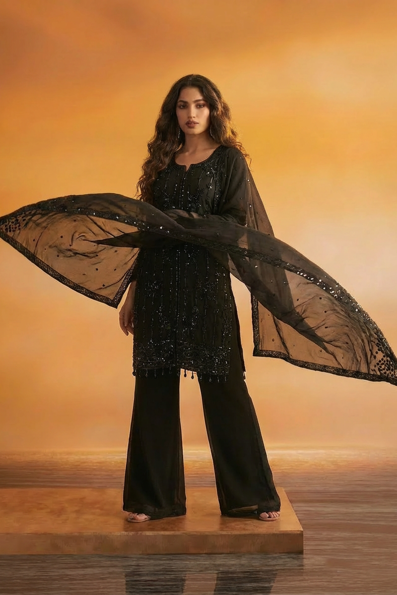NINA  Black Embroidered Kurta Palazzo Suit Set