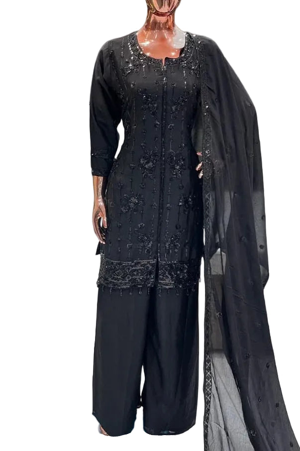 NINA  Black Embroidered Kurta Palazzo Suit Set FRONT FABRIC 