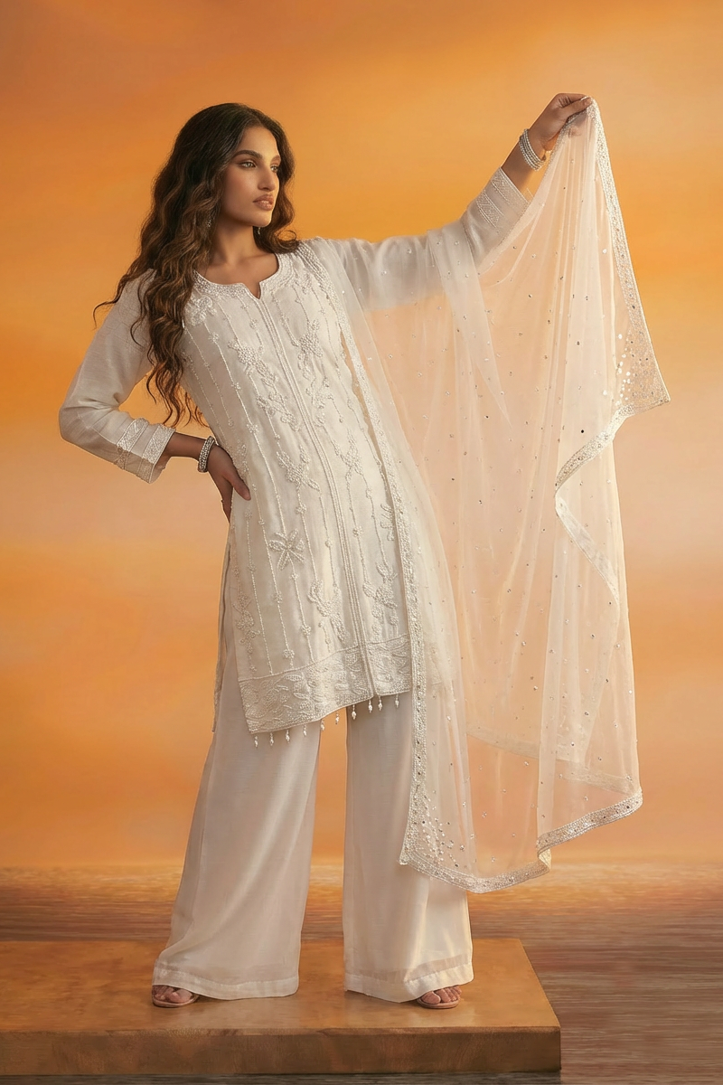 NINA White Embroidered Kurta Palazzo Suit Set – Elegant Indian Ethnic Wear
