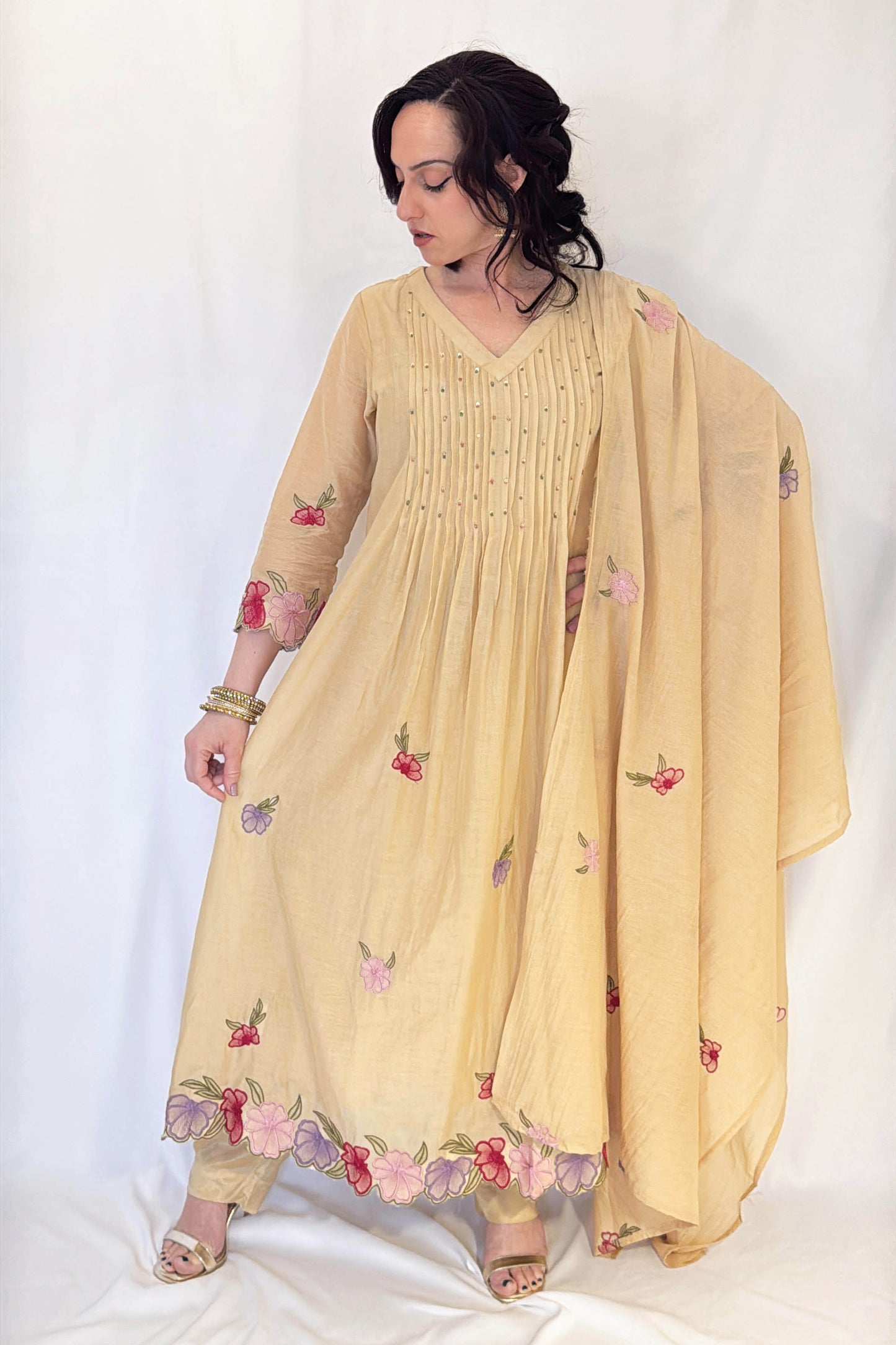 NOOR Beige Mul Chanderi Embroidered Anarkali  Suit Set  Floral